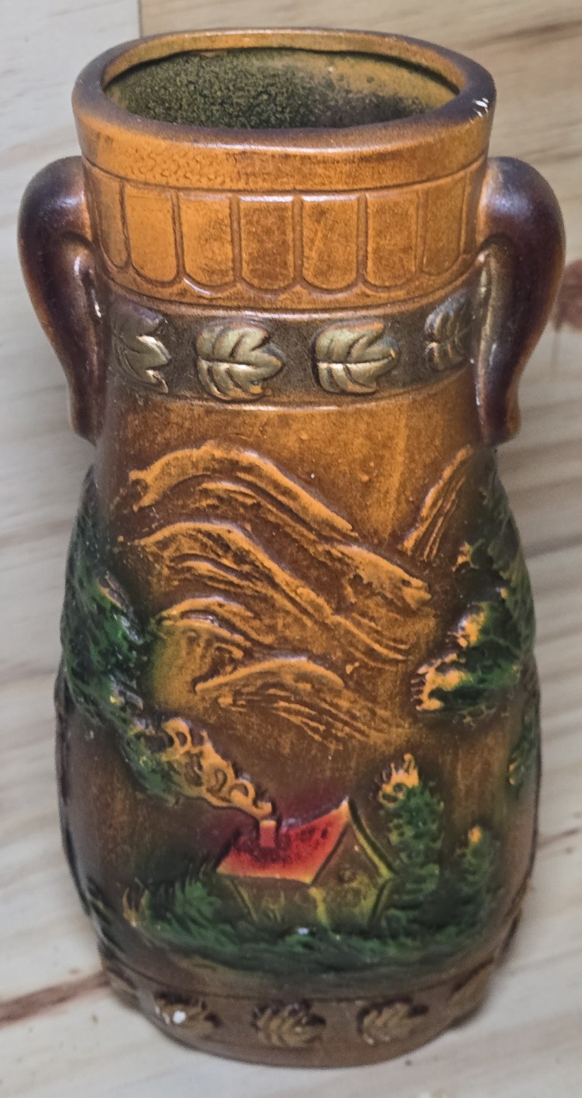 Vintage Norleans Japan Scenic Pottery Vase Planter Cottage Mountain Relief…