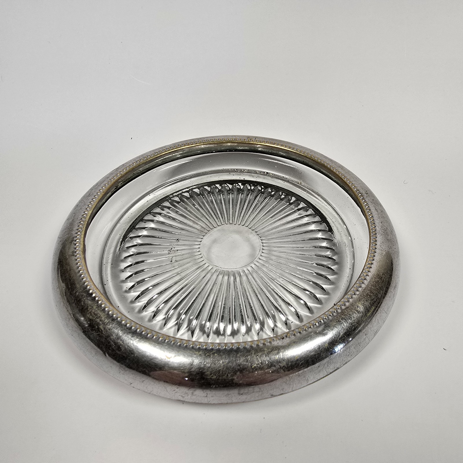 Crystal Silverplate Rim MCM Coaster Ashtray Vintage Round 5.5 in Glass Smoking