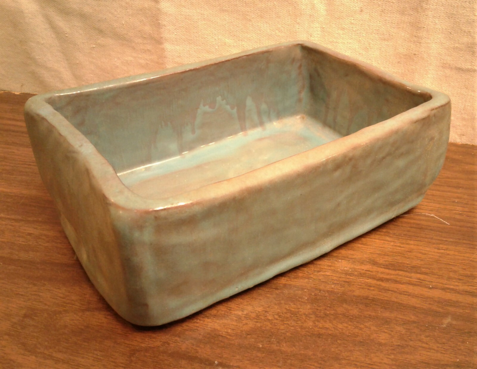 Vintage Studio Art Pottery Redware Turquoise Drip Glaze Rectangle Planter Signed