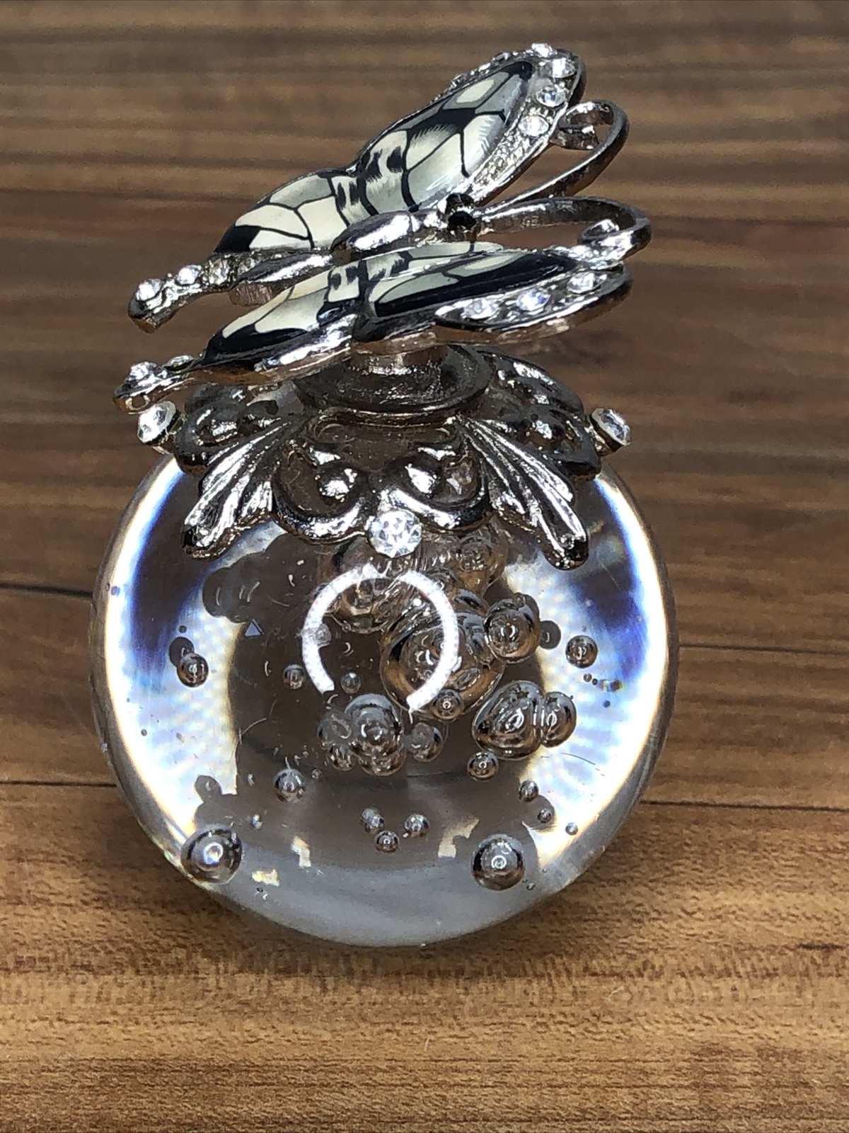 Art Glass Paperweight Controlled Bubbles Ball – Metal Silver Enamel Butterfly