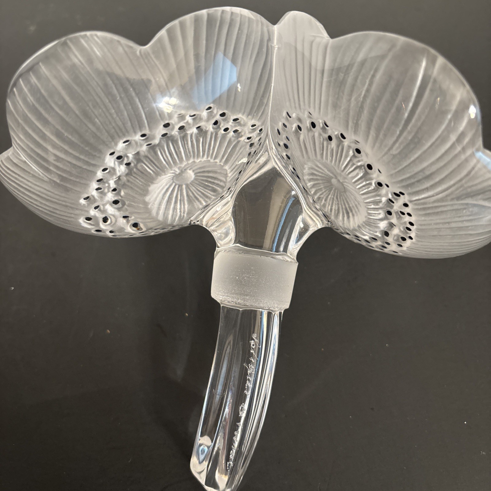 Lalique Crystal Anemone Double Flower Paperweight, Perfume Stopper Signed, 5″ T