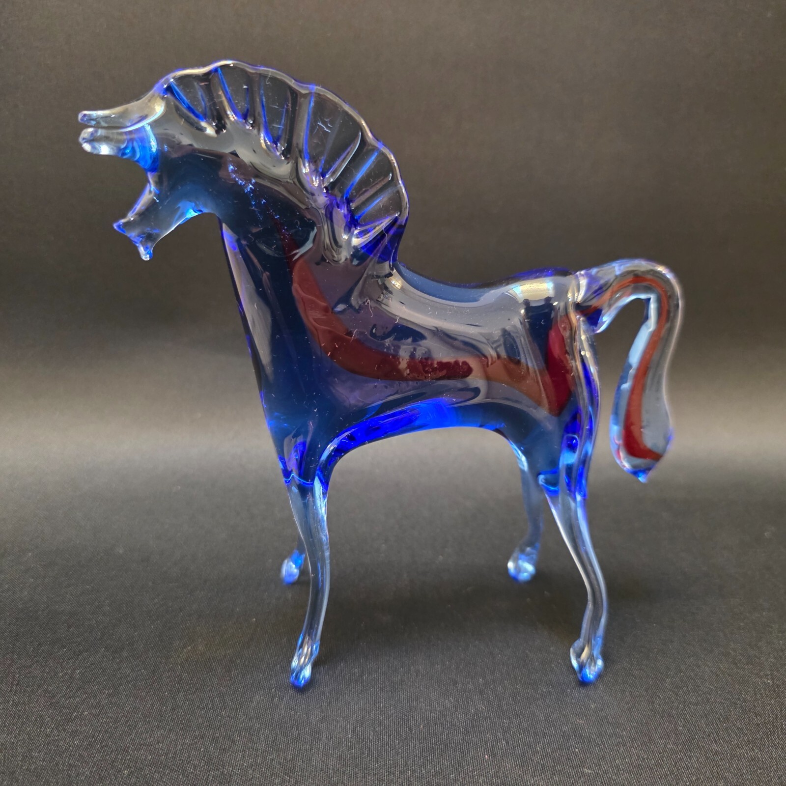 Murano Figure Horse Hand Blown Clear Glass blue red Stripe 6 inches Vintage