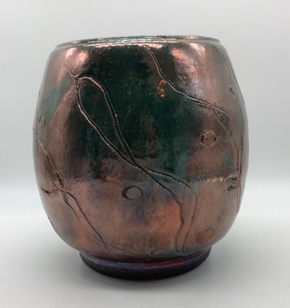 Art Pottery Vase Metallic Copper Luster Iridescent Glaze Green, 6”