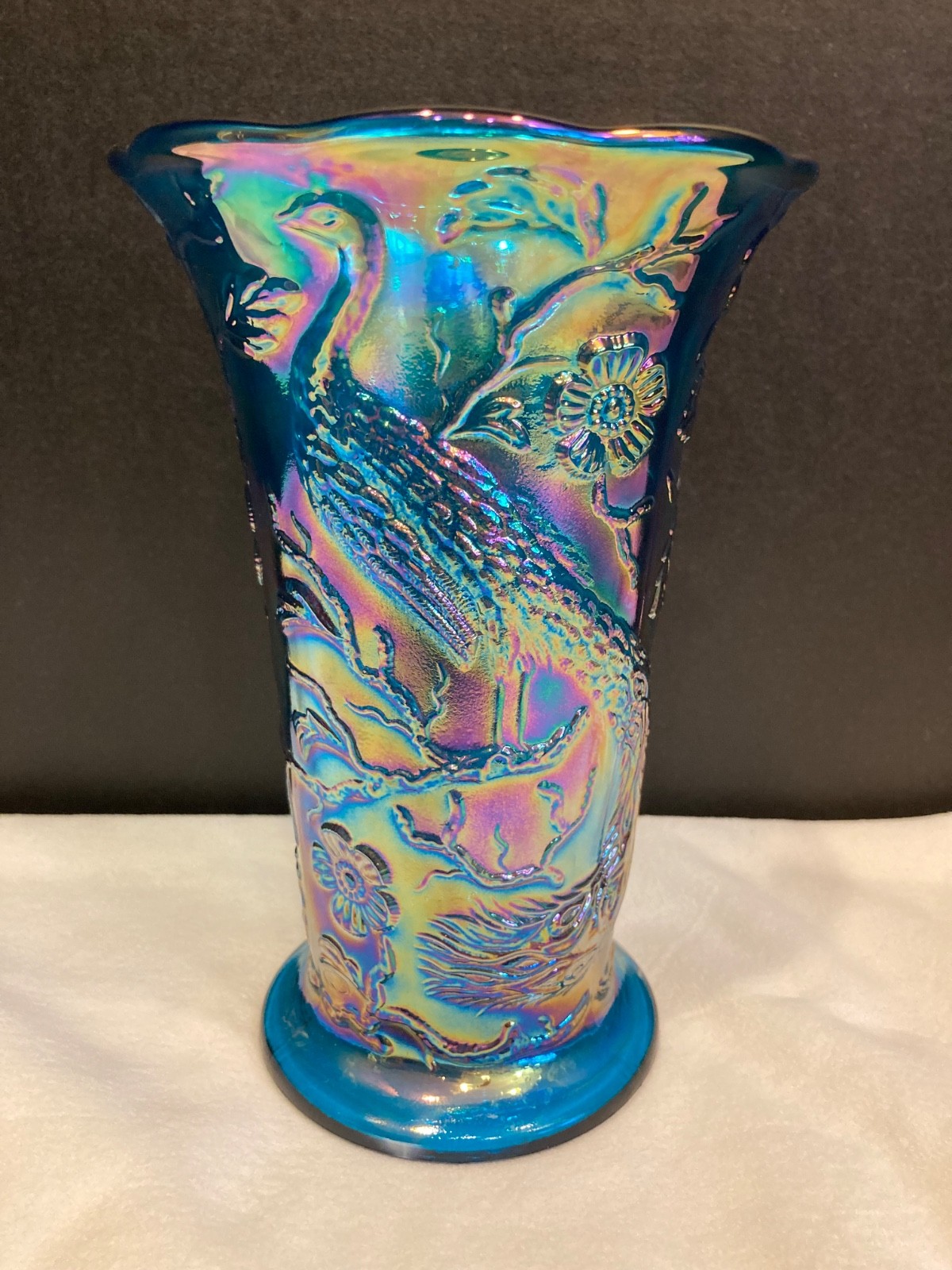Vintage Fenton Teal Blue Carnival Peacock Floral Vase Flared Rare