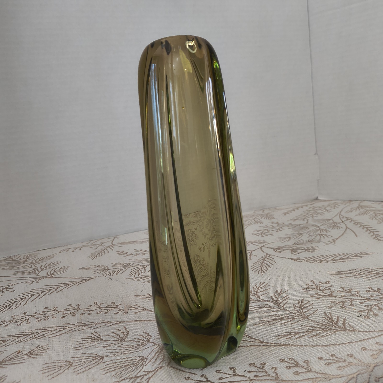 Vtg Sommerso Art Glass Vase Green Amber Mid Century Swirl 8.5″ Polished Bottom