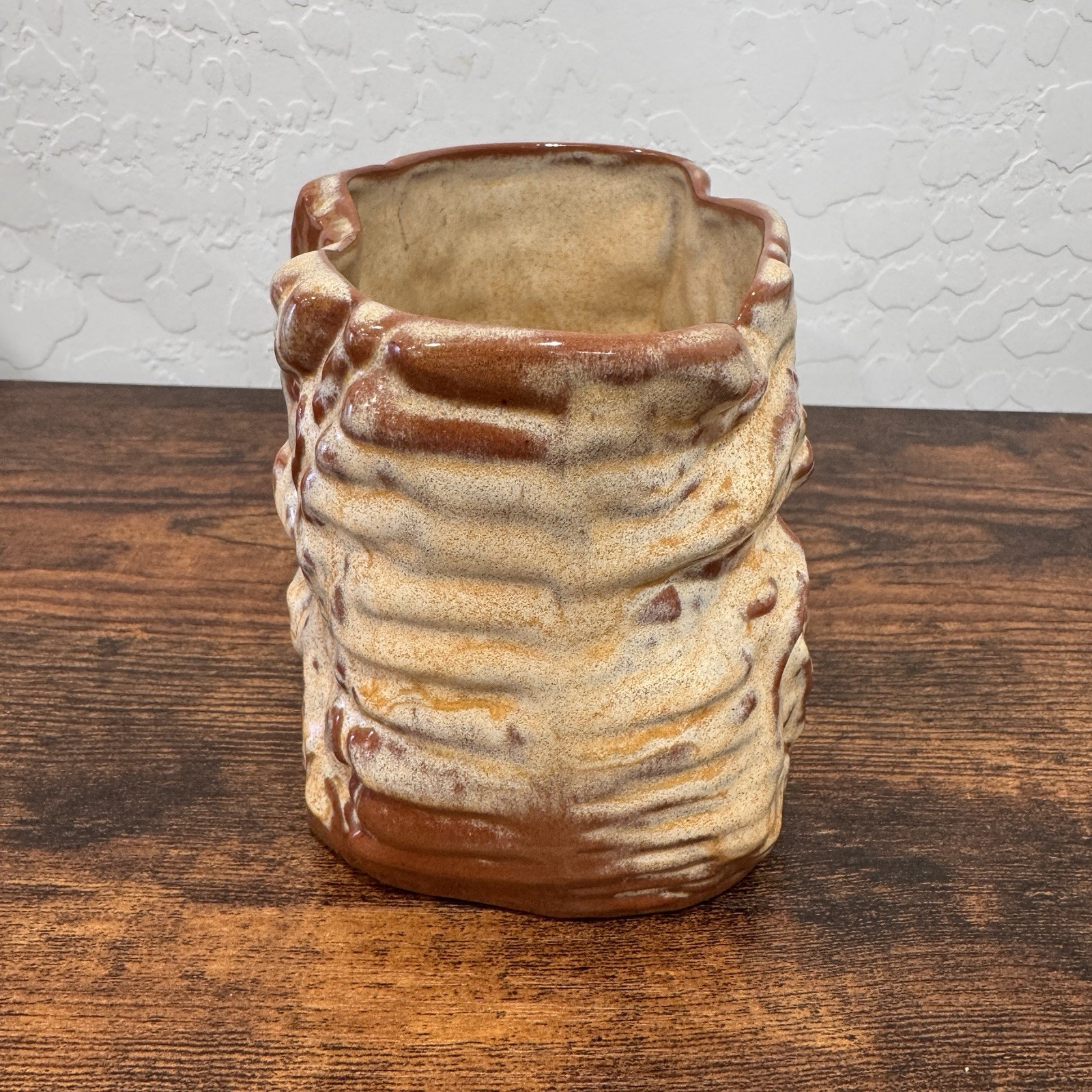 Frankoma Pottery Planter Ivory Tree Bark Vase Pot Vintage USA Brown Cream MCM