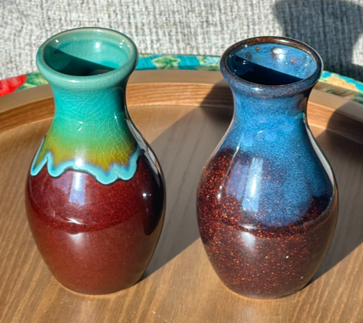 Set of 2 – Vintage Pottery Vase, Teal/Brown/Green Crackle & Blue/Brown 4.5″ Tall