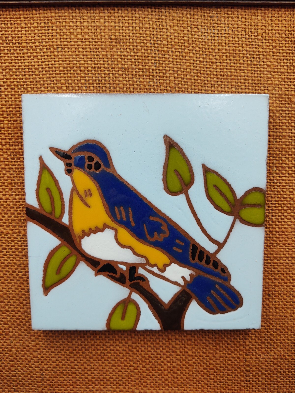 Vintage Framed Hand Painted Blue Bird Tile Mid Century 14″ Unique Gift Decor