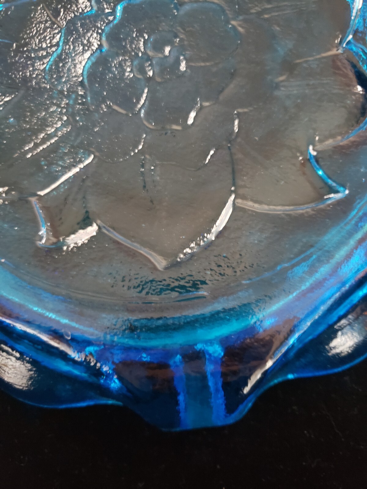 Vintage Heavy Blue Indiana Glass Ashtray Floral Bottom Tiara Lotus 4.6 lb 9.5 in