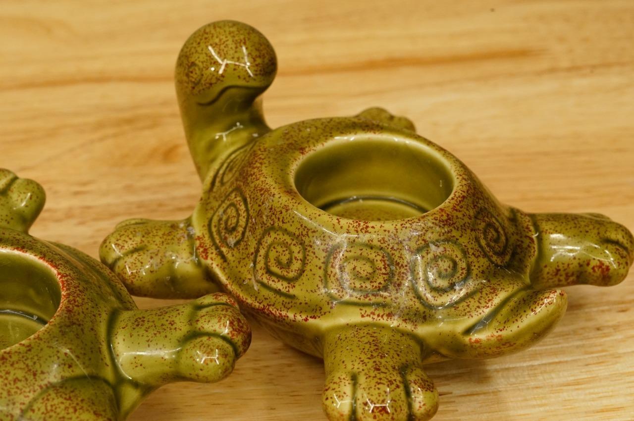 Vintage Lot 2 Partylite Brand Ceramic Olive Green TURTLE Votive Candleholders