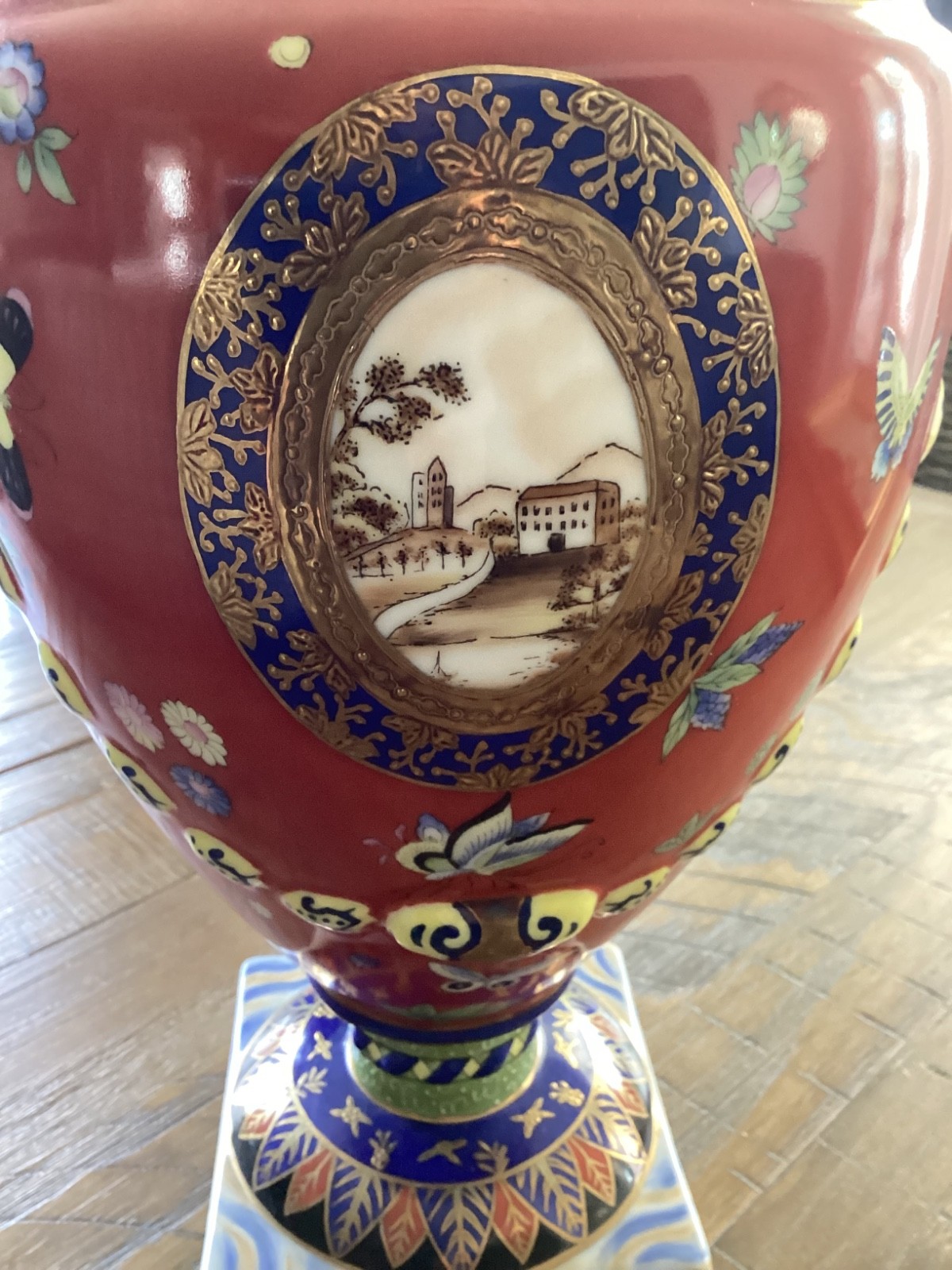Chelsea House Neoclassical Urn Cachepot Blue Red Green Gold Porcelain Vase