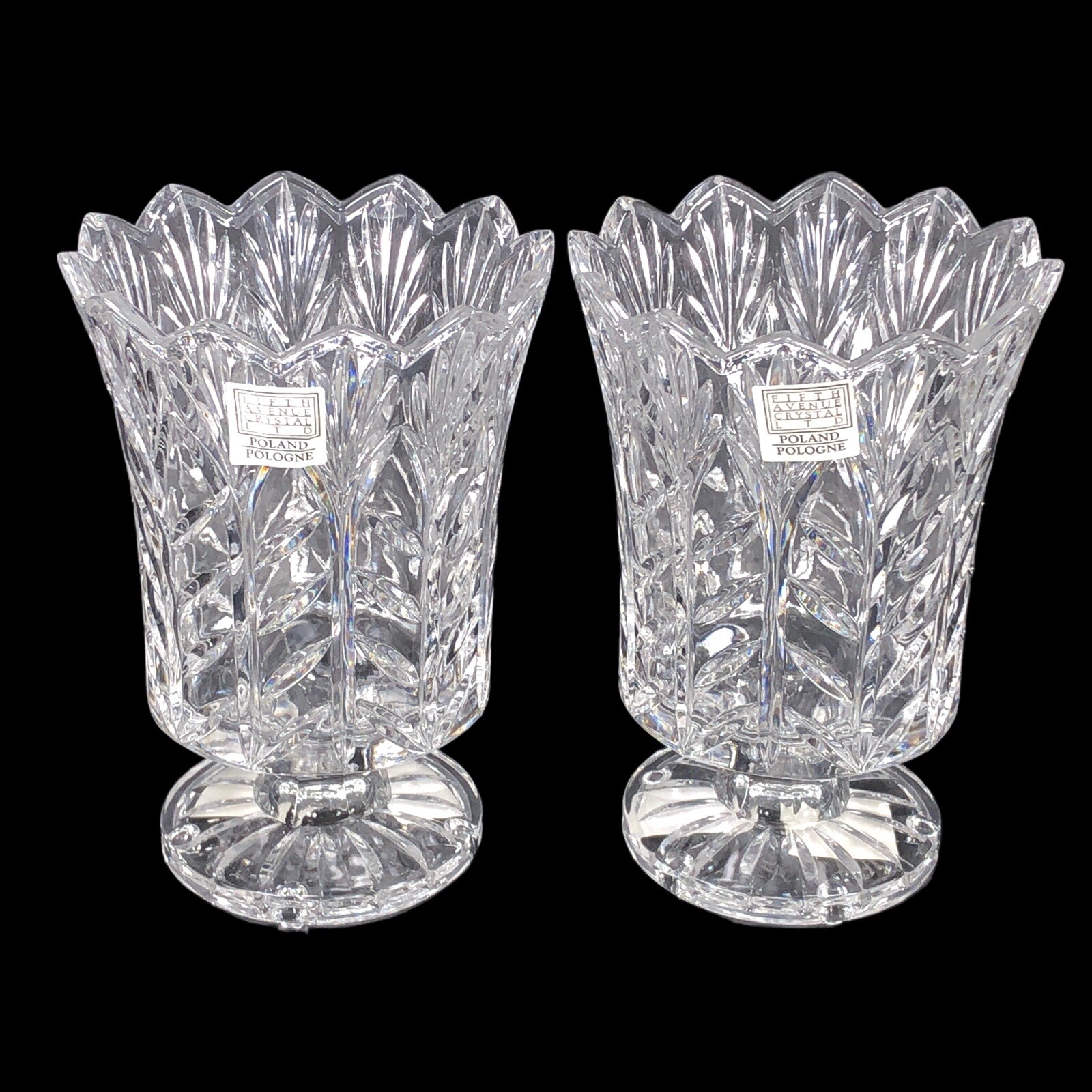 2ct Fifth Avenue Crystal Glass Hurricane Candle Holder Vase Lead Poland 7 1/2 in