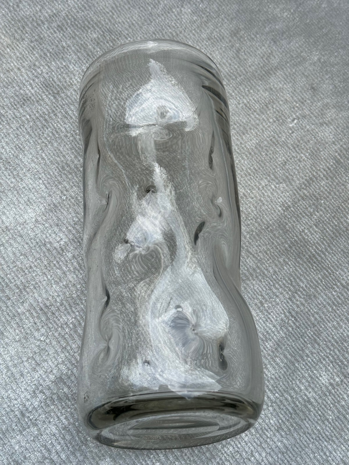 EXOTIC MID CENTURY HEAVY CLEAR ART GLASS VASE CURVED BENT DIMPLED DEPRESSIONS