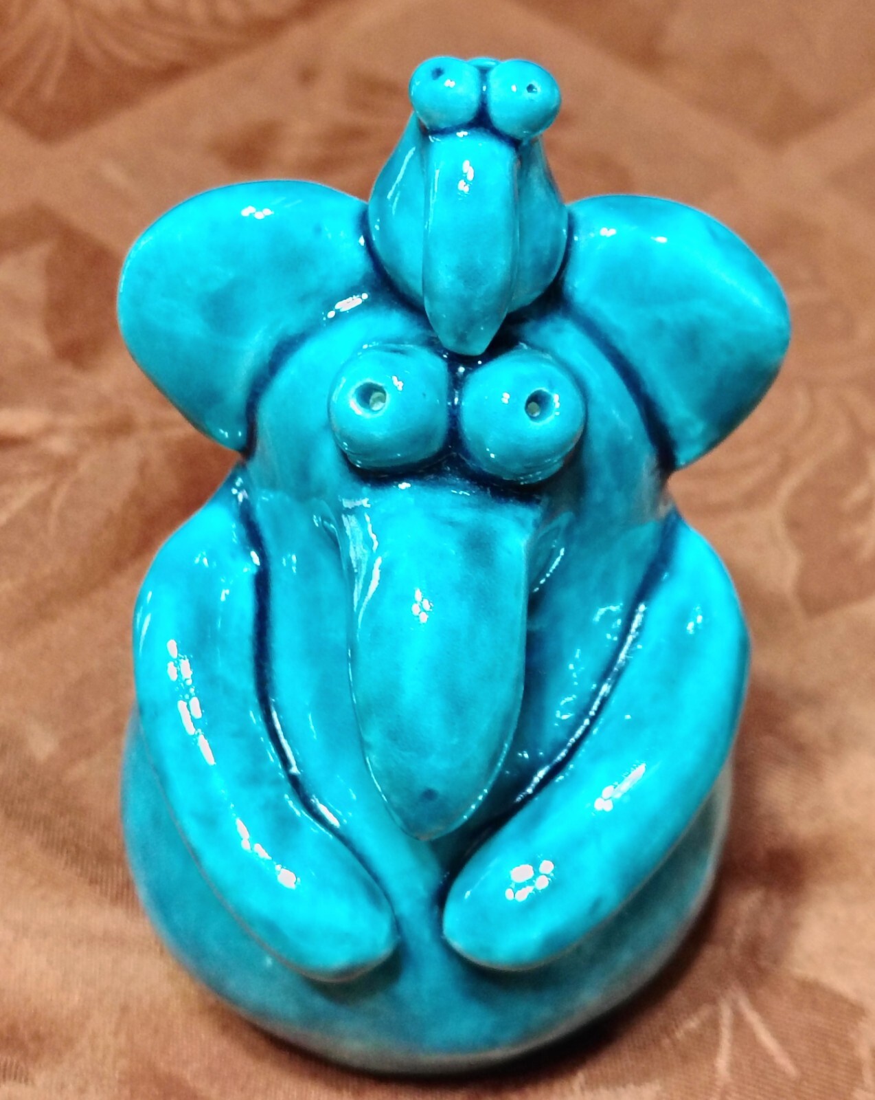 Pottery Art Friendly Elephant Monster & A Friend Figure Signed James Lin 1997