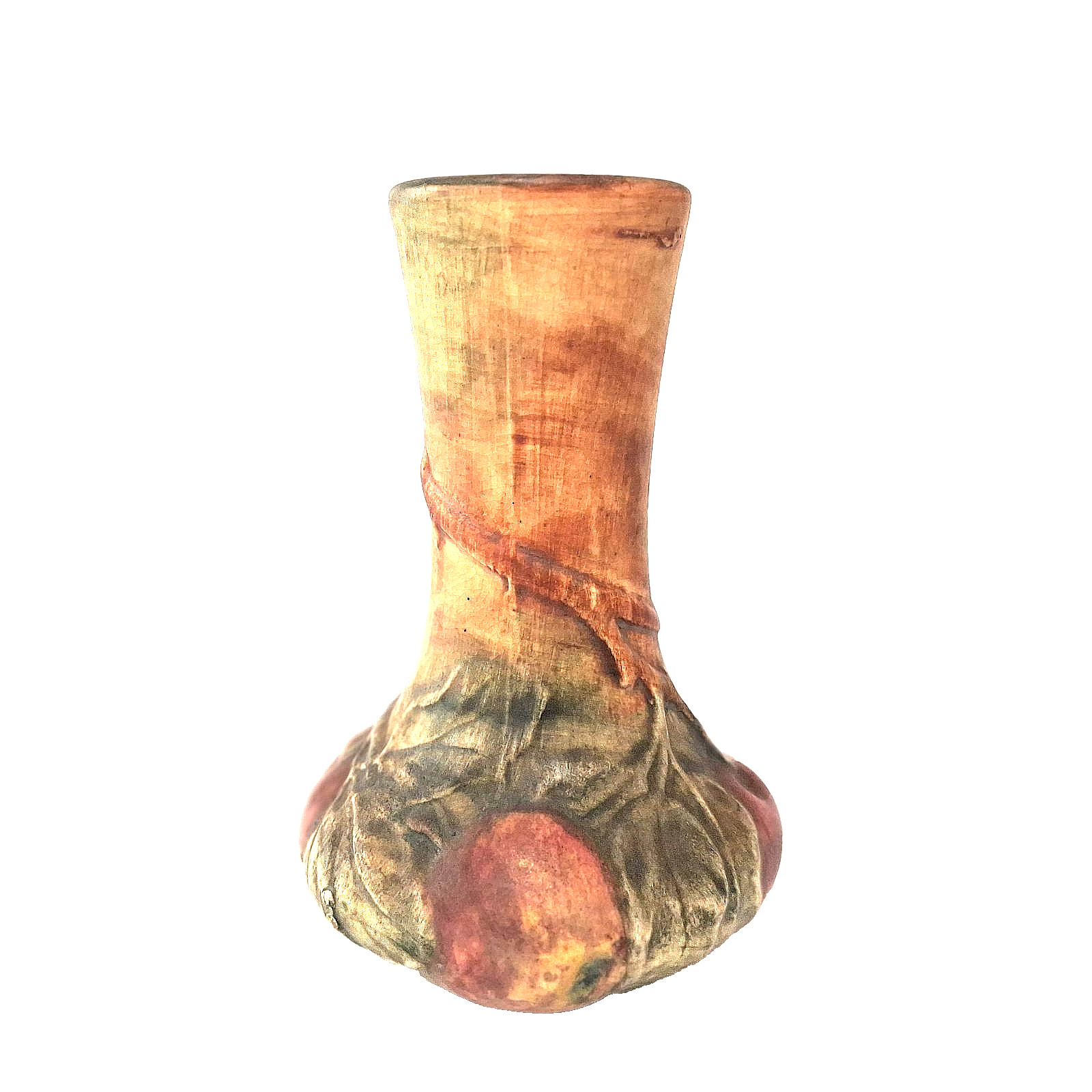 Vintage Weller Style Apple Bud Vase Leaf Relief Art Pottery Rustic Ohio Decor US