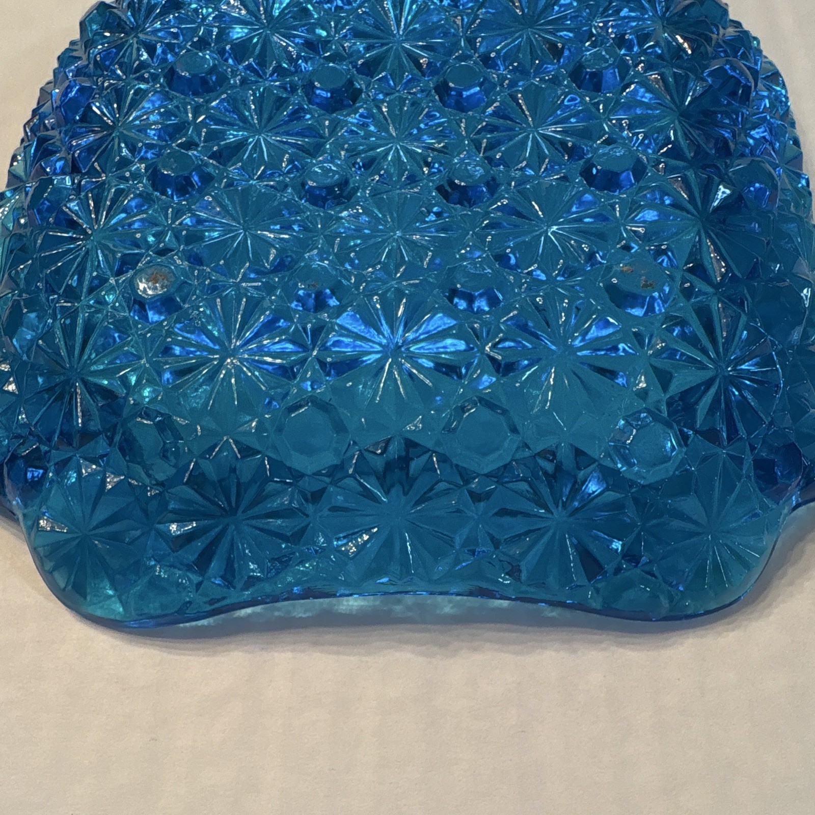 Blue Square Pressed Glass Starburst Theme Ashtray, Pressed Glass Technique