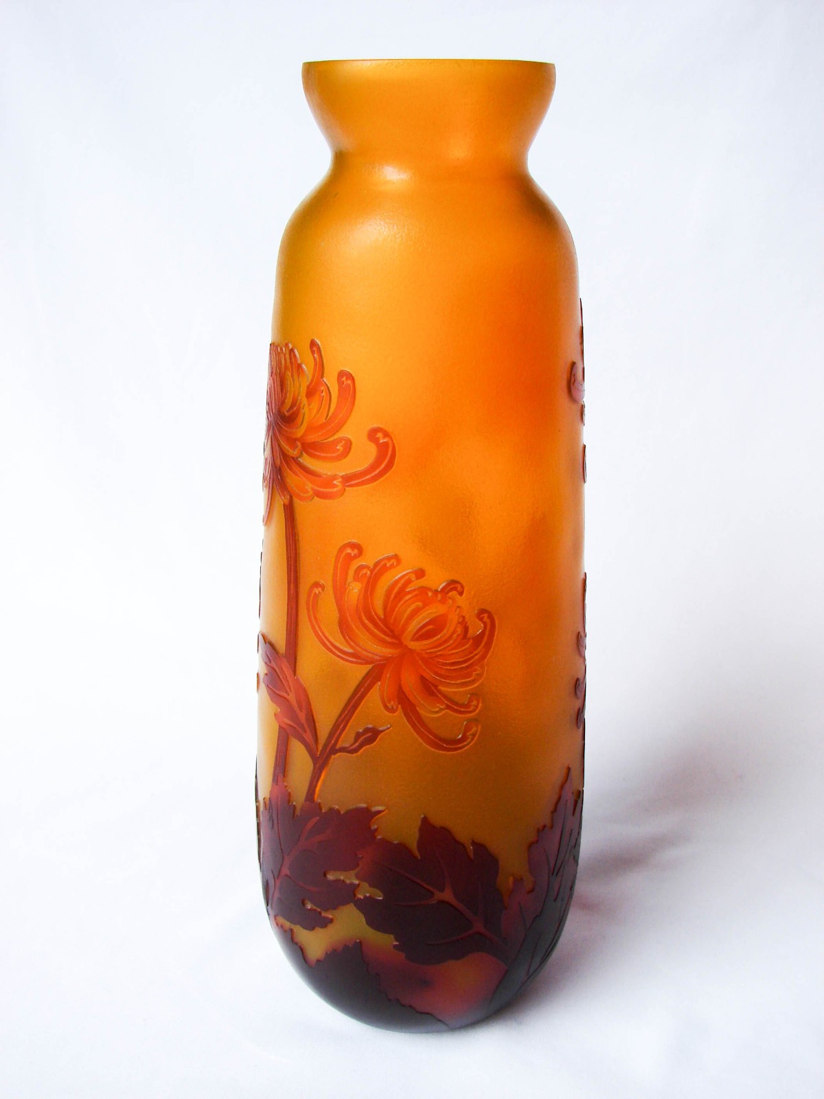 Large 12” Unsigned Cameo Art Glass Vase Ruby Red Acid Etched Floral Art Nouveau