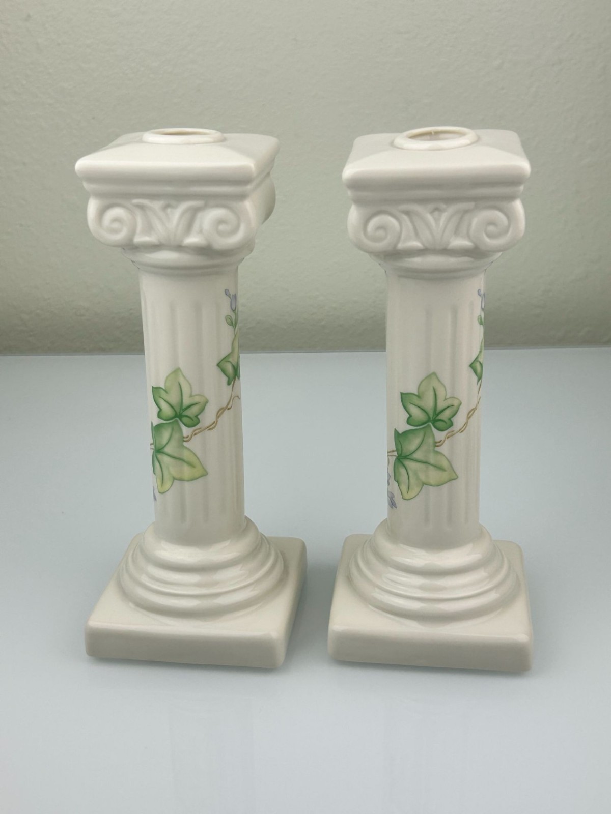 Belleek Classic Ivy Column Taper Candlesticks Ireland Ceramic Green Mark Home