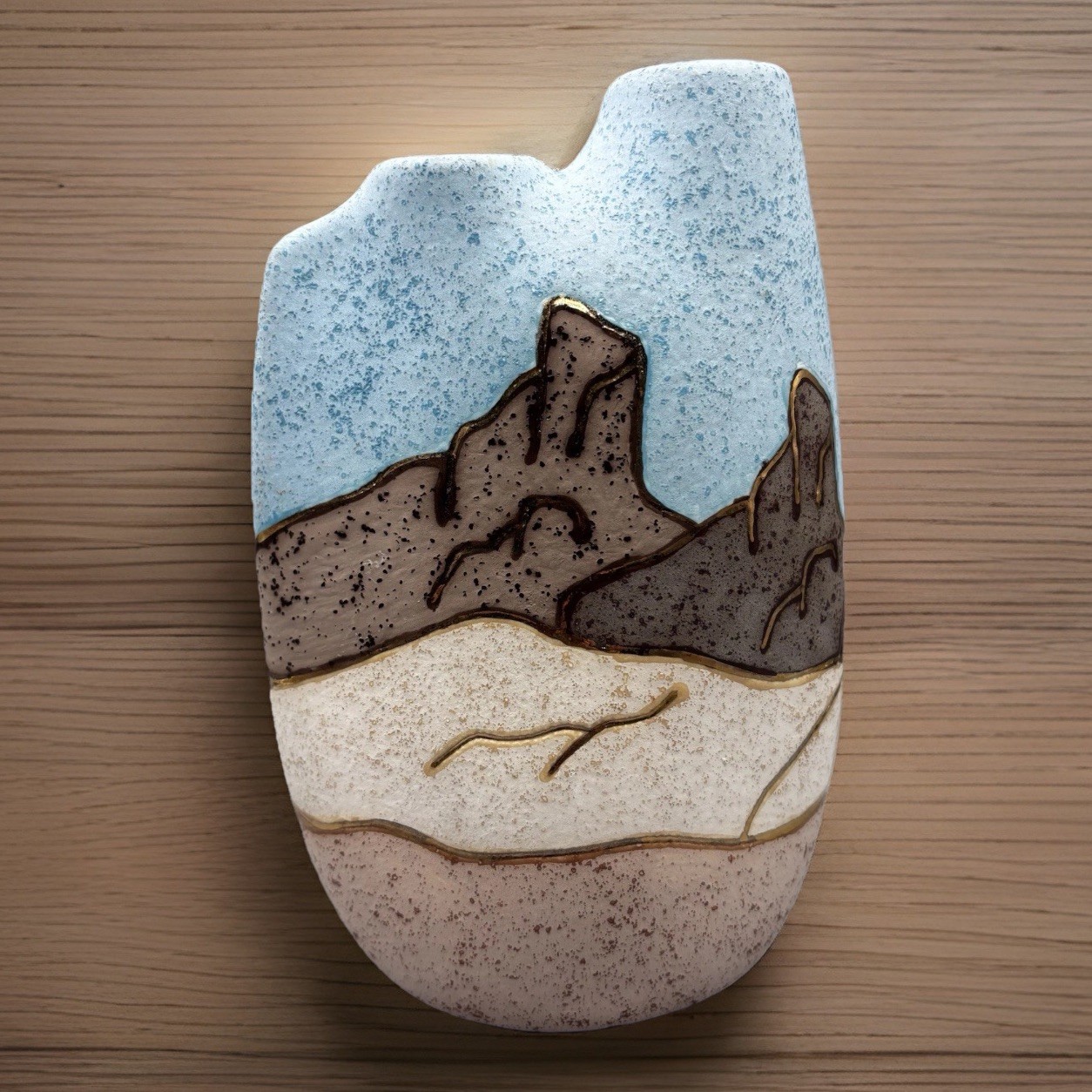 Signed Gina Arrighetti Art Pottery Vase Southwestern Cactus Mountains Desert 7”
