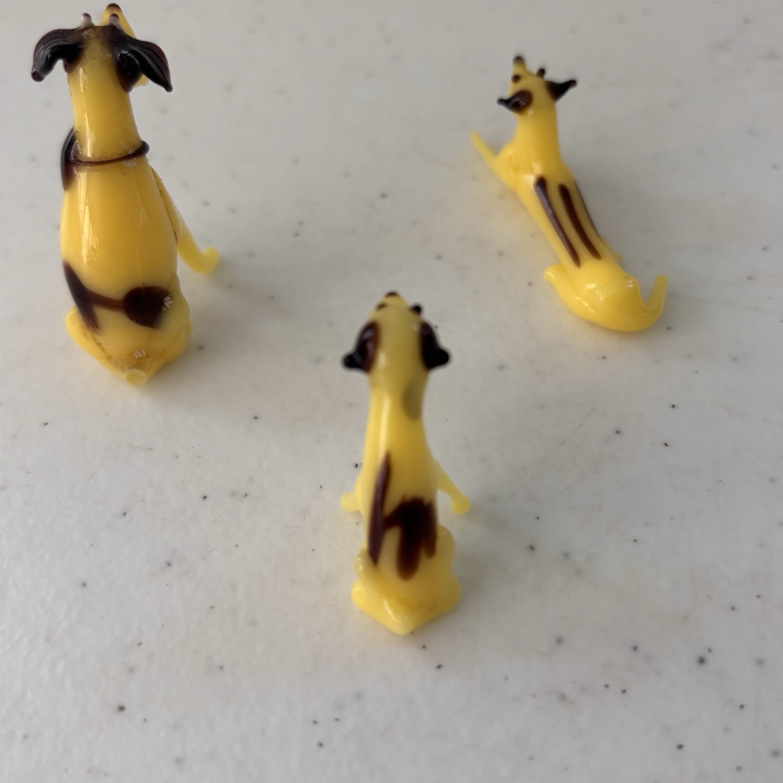 Vintage ART GLASS Mini Miniature DOG & PUPPIES Yellow And Black Spotted Set Of 3