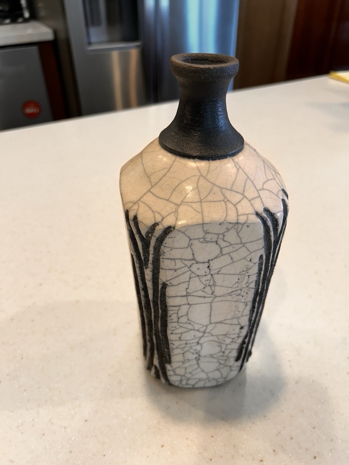 Crackle Studio Pottery Vase, Signed, Unique, Rough Clay Top/bottom Raku 9.5”