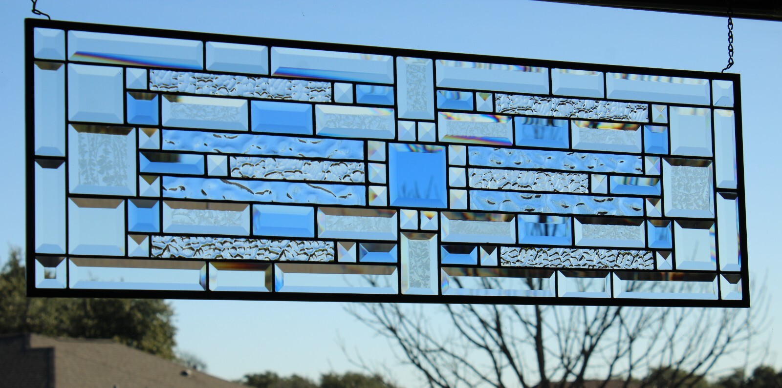 Blue, clear, beveled stained glass window hanging made to order 35.58×11.5