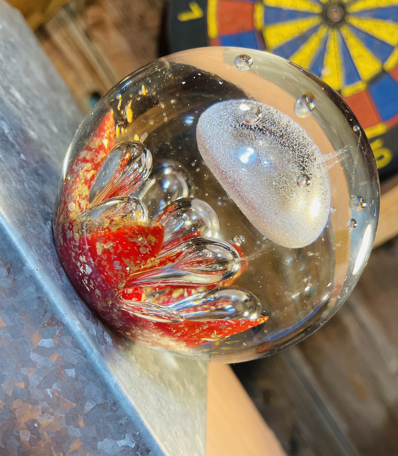 Blown Glass Paperwight/Orange Floral Burst 4”x4” Bubble Mushroom Water Ocean