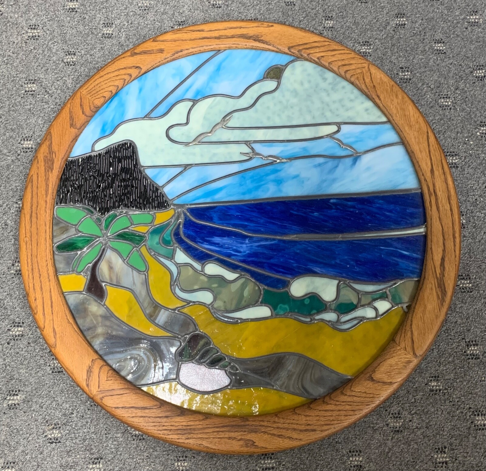 VTG Stained Glass Window Panel Round Beach Ocean Nautical Design 27.5″ DIA