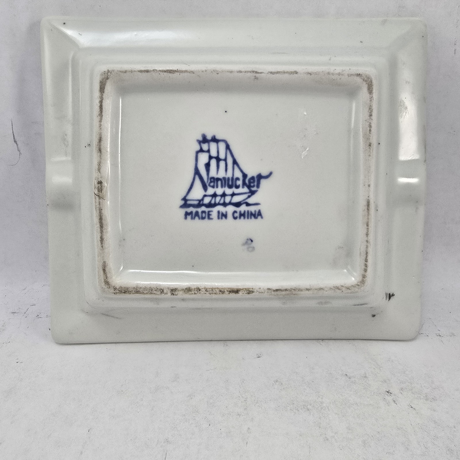Nantucket Blue and White Ashtray Trinket Dish Beach House Nautical Boats VTG