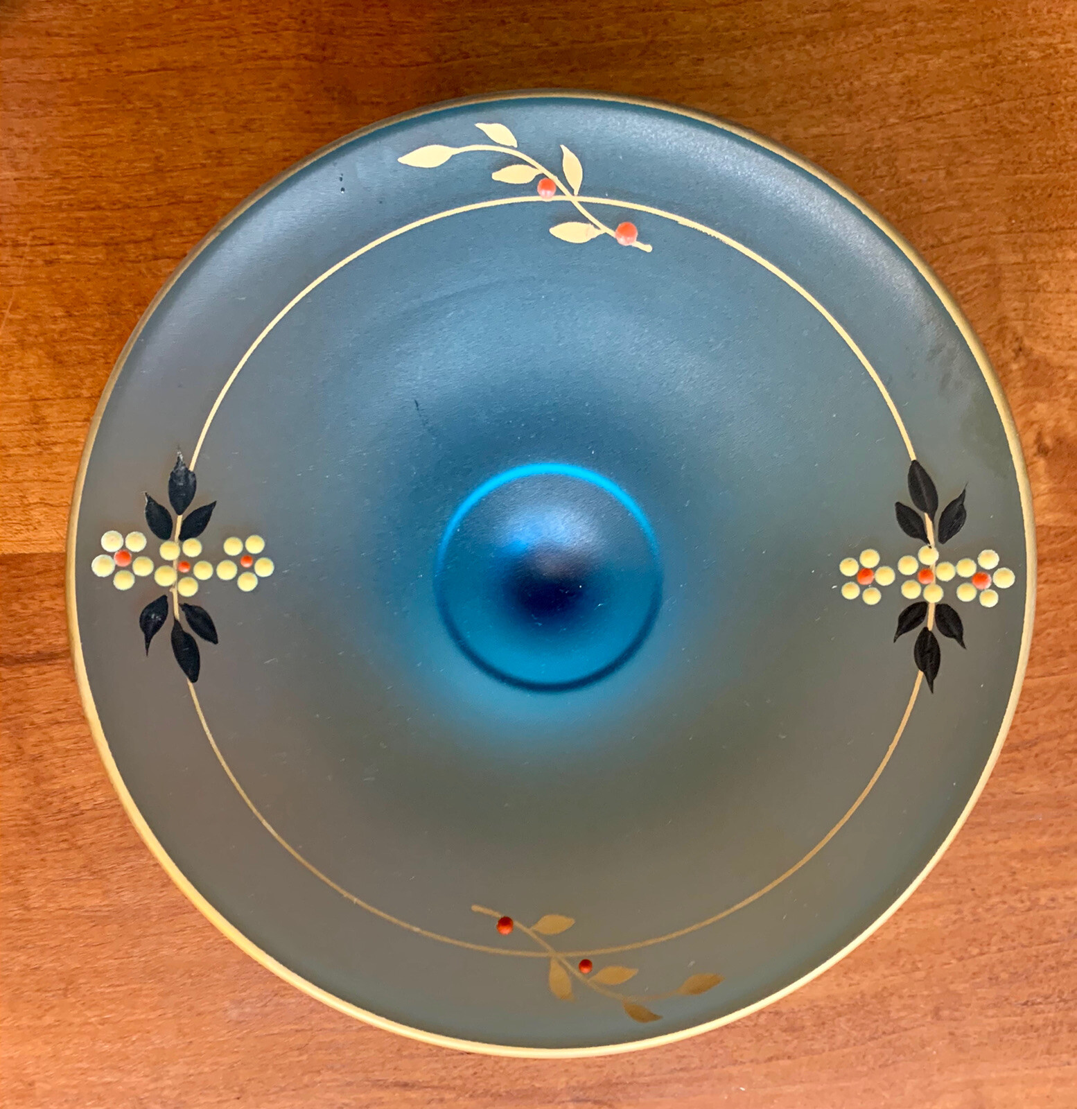 Vintage Tiffin (?) hand painted Daisies & satin blue footed compote 6.5” x 2.5”