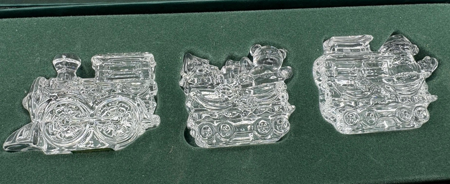 MARQUIS Waterford Glass Crystal Christmas Train Set 3 Pc 1998 Rare Vintage w Box