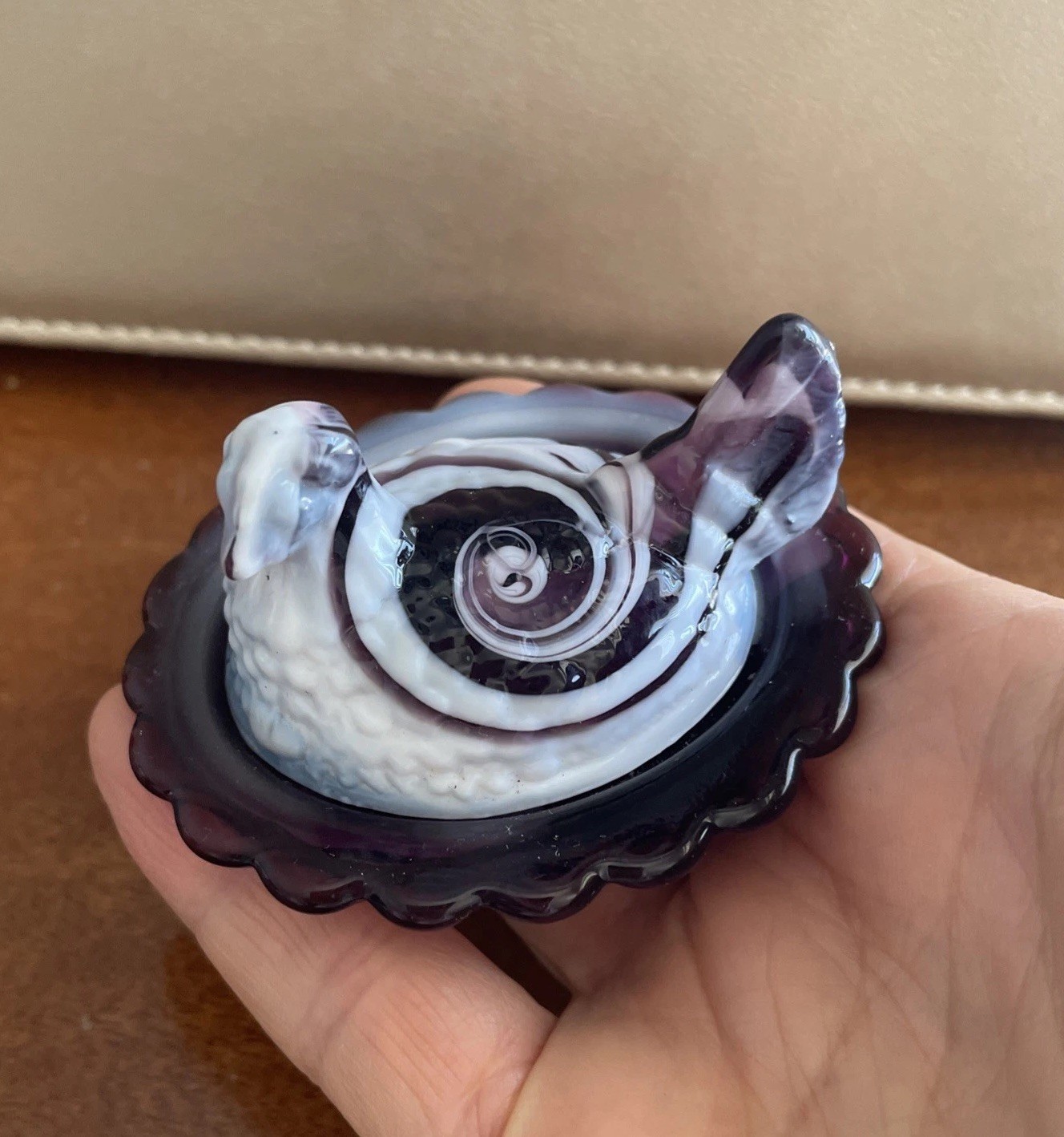 Mosser Amethyst Hen on Nest Mini Purple & White Blue Slag Glass Salt Cellar 2.5″