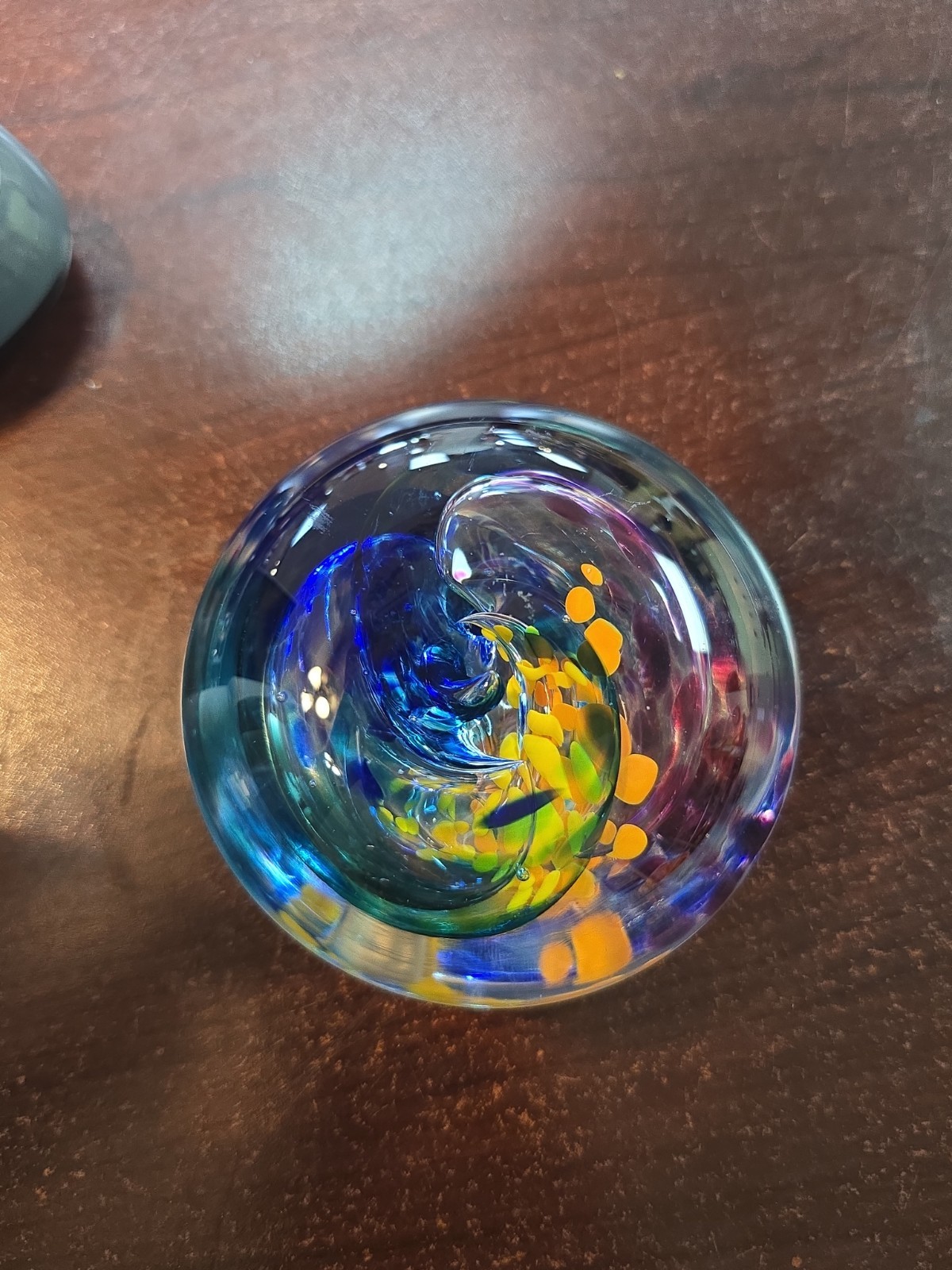 Jim Karg Signed Studio Art Glass Paperweight – Multicolor Swirl” Hand Blown