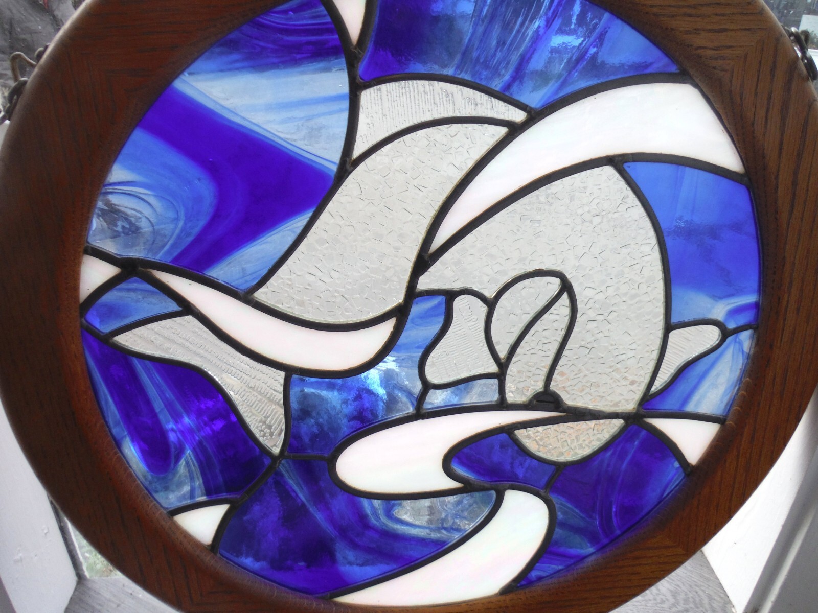 Vintage Beautiful Fish Stained Glass Round Window Panel Sun Catcher 18″ J6397
