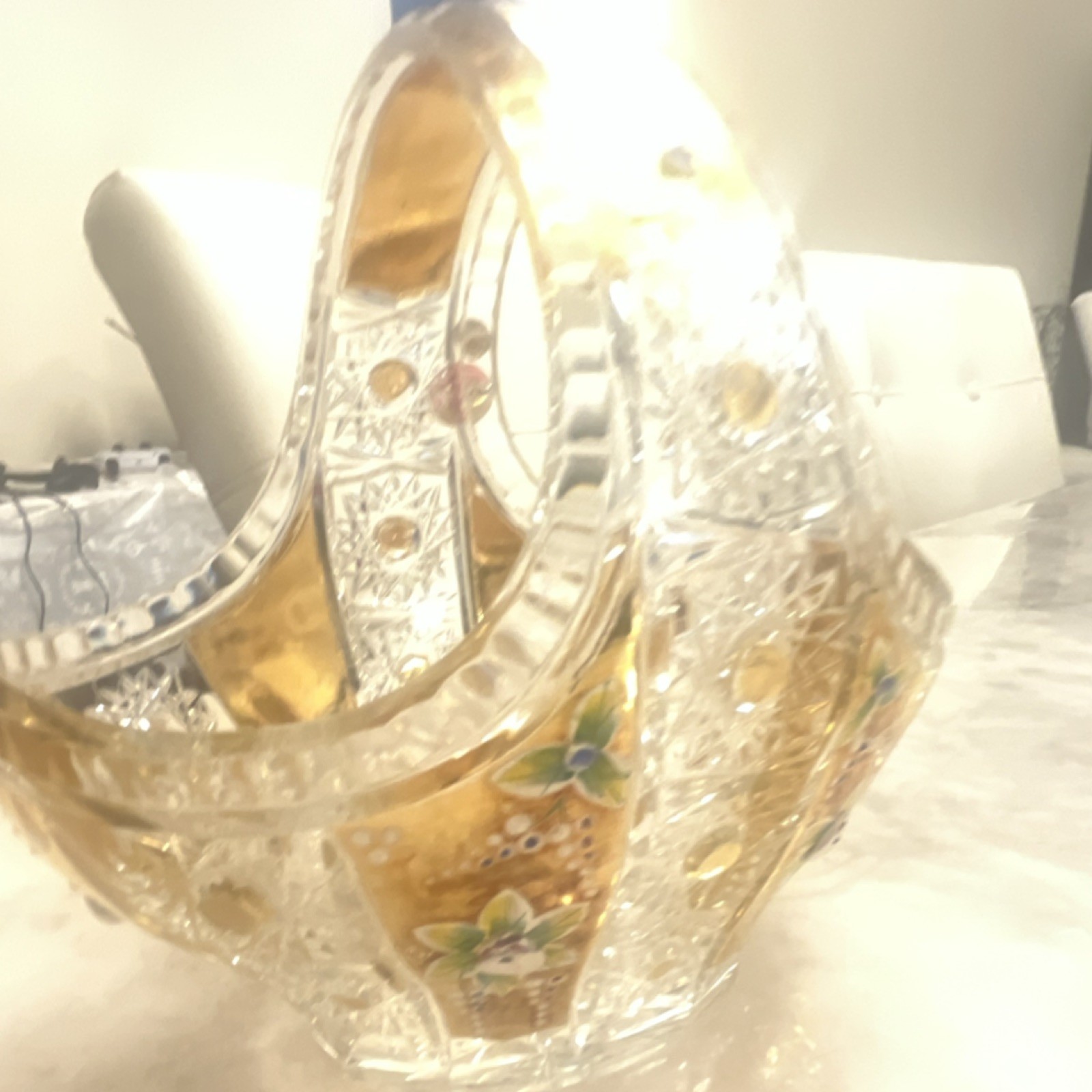 Hand Painted Clear Gold Glass Decorative Basket with Floral Pattern Handles