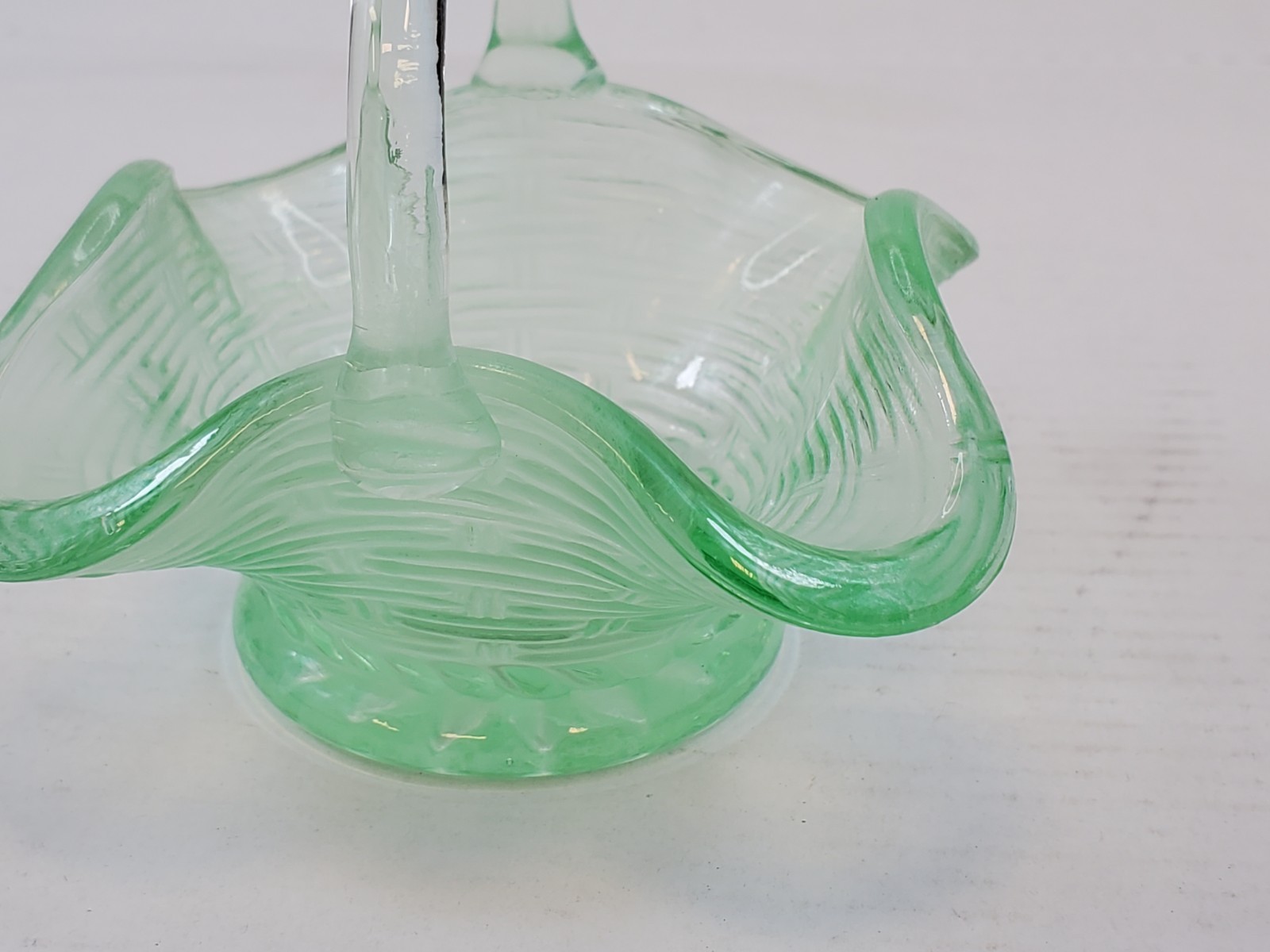 Vintage Small Green Depression Glass Basket w/ Applied Handle Basket Weave Look