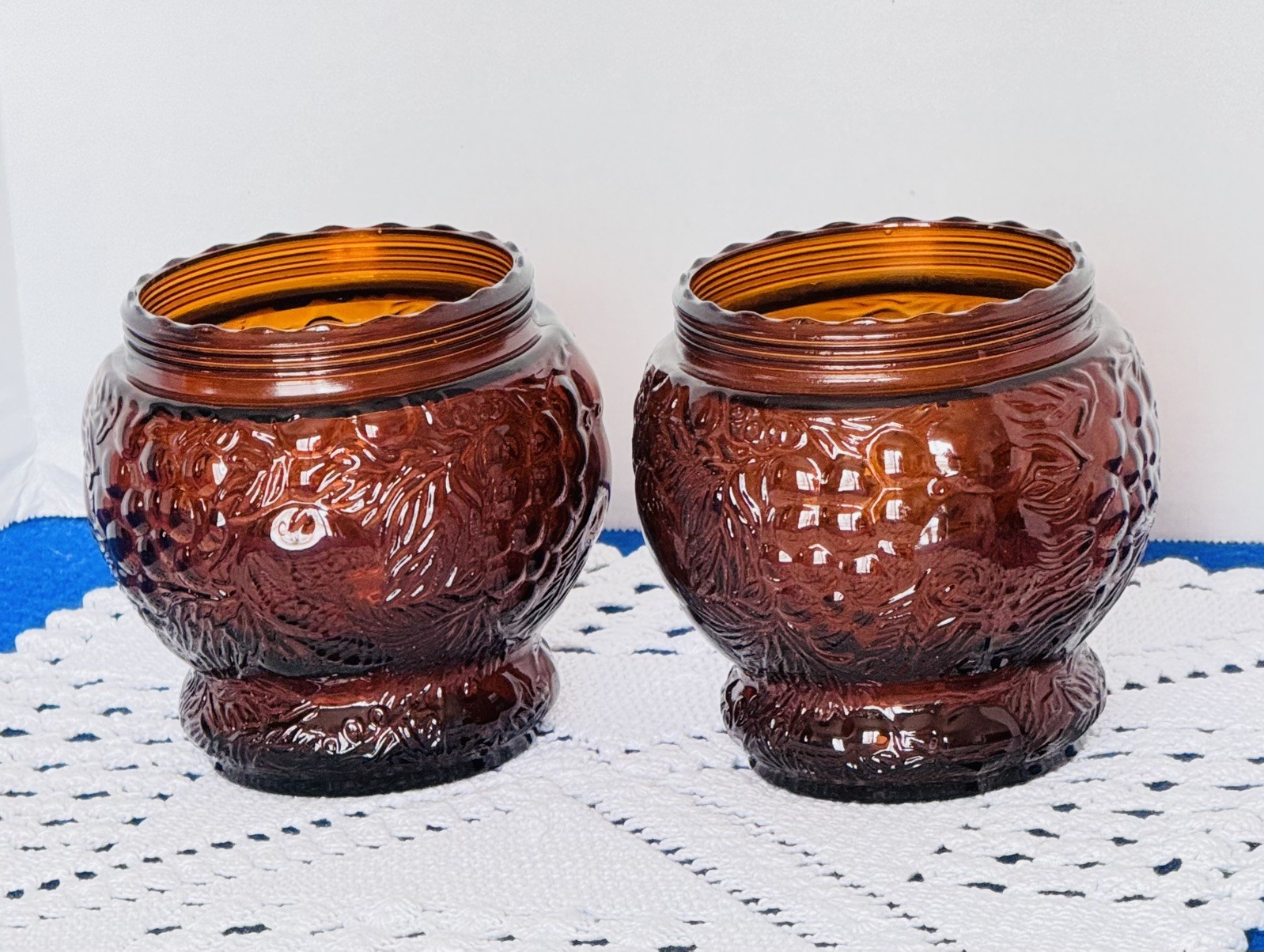 VTG Mid Century Brown Amber Two Glass Canisters Embossed Multi Purpose Jars
