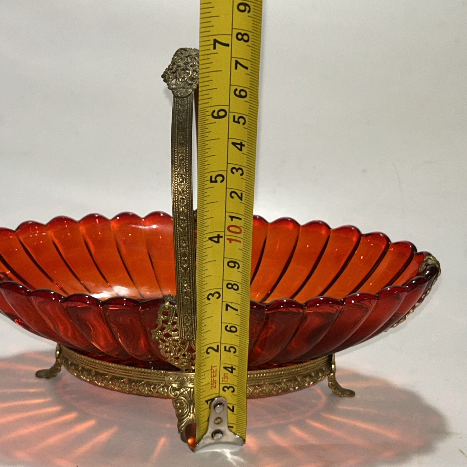 Antique Imperial Glass Ruby Red Bride’s Basket W/Brass Filigree Accents & Handle