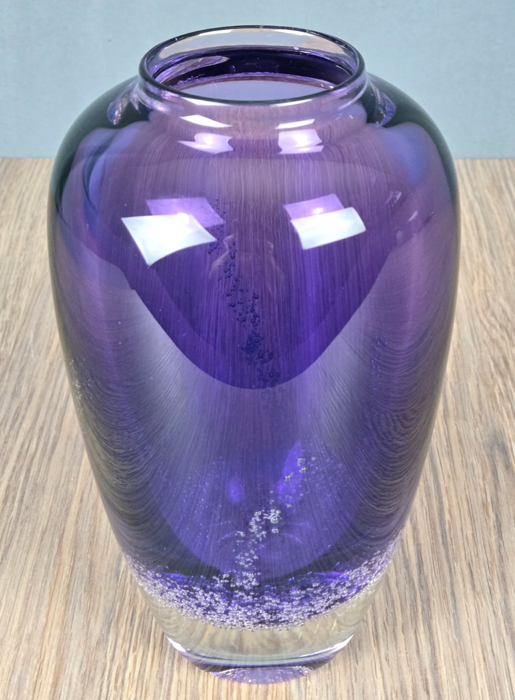 Buzz Blodgett Amethyst Purple clear bubble art glass vase, 8.5″, signed 1993