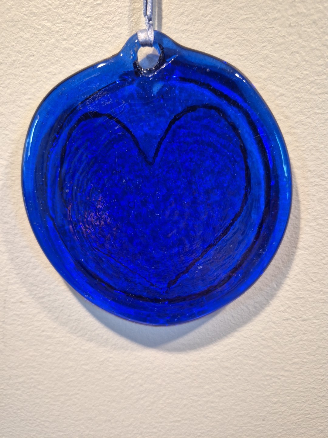 2 Blue Heart Suncatcher Medallion Pressed Art Glass 4″ Vintage Rare Unique Gift