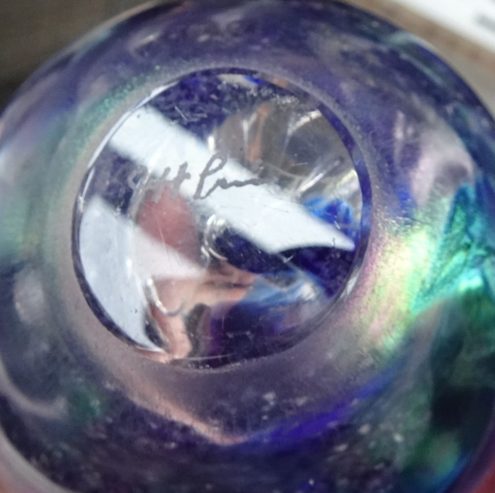 Large Signed Jeff Price Aurene Iridescent Swirl Studio Art Glass Paperweight