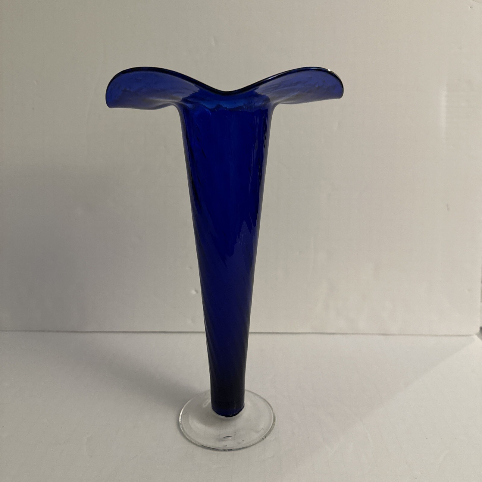 Handcrafted Cobalt Blue Blown Glass Swirl Lily Vase With Clear Base & Bubbles