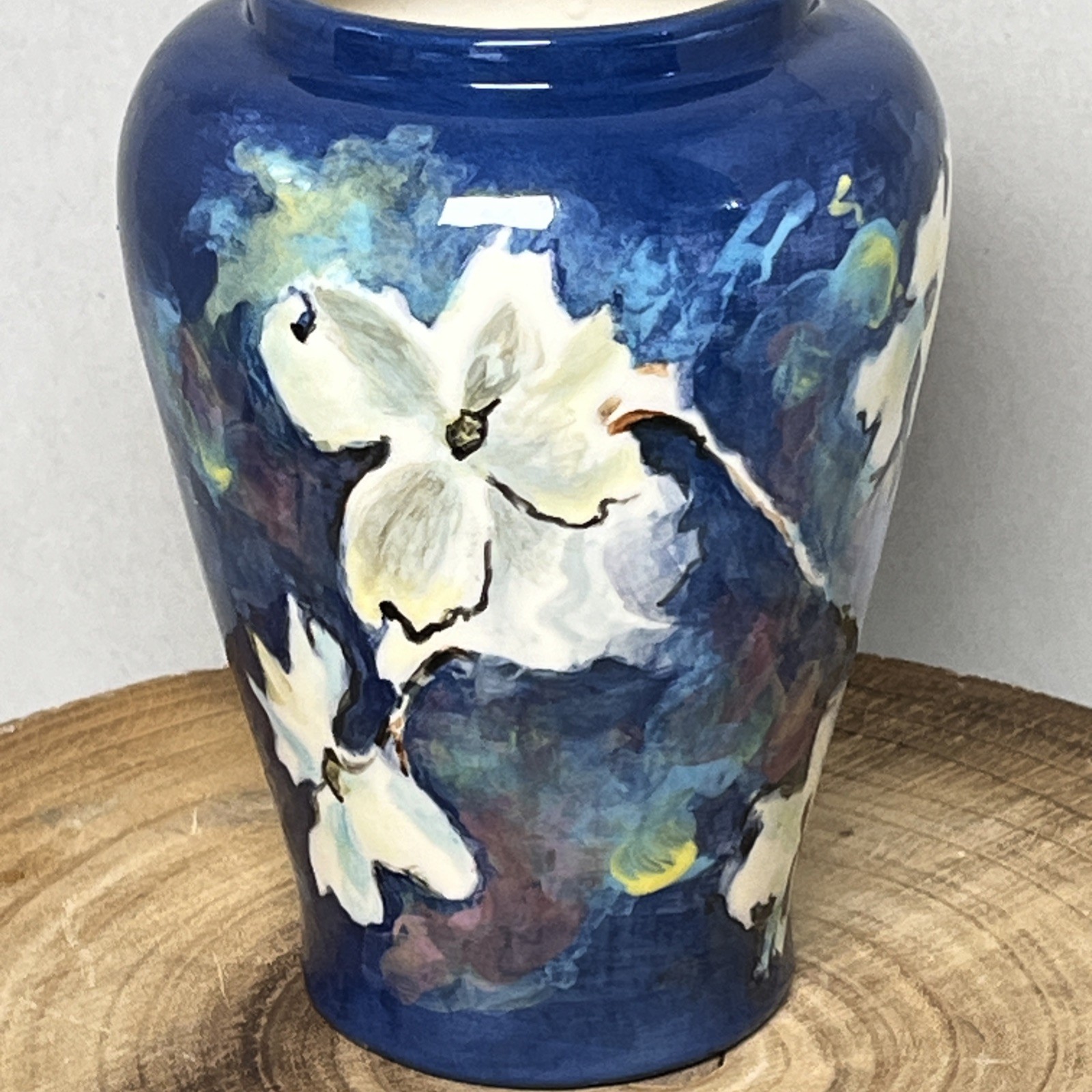 Stunning Art Pottery Hand Painted Vase White Pansies Dogwood Flowers Blue Signed
