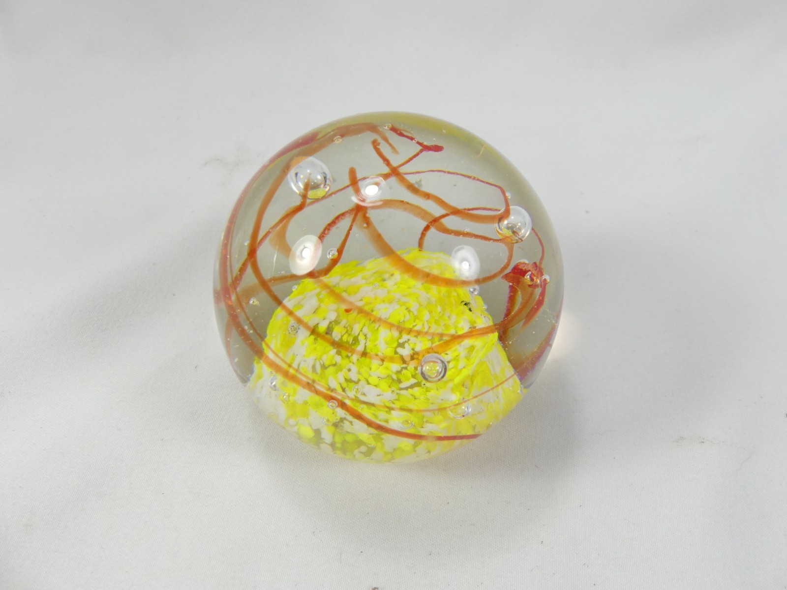 Vintage Red Swirl & Yellow Art Glass Bubble Paperweight