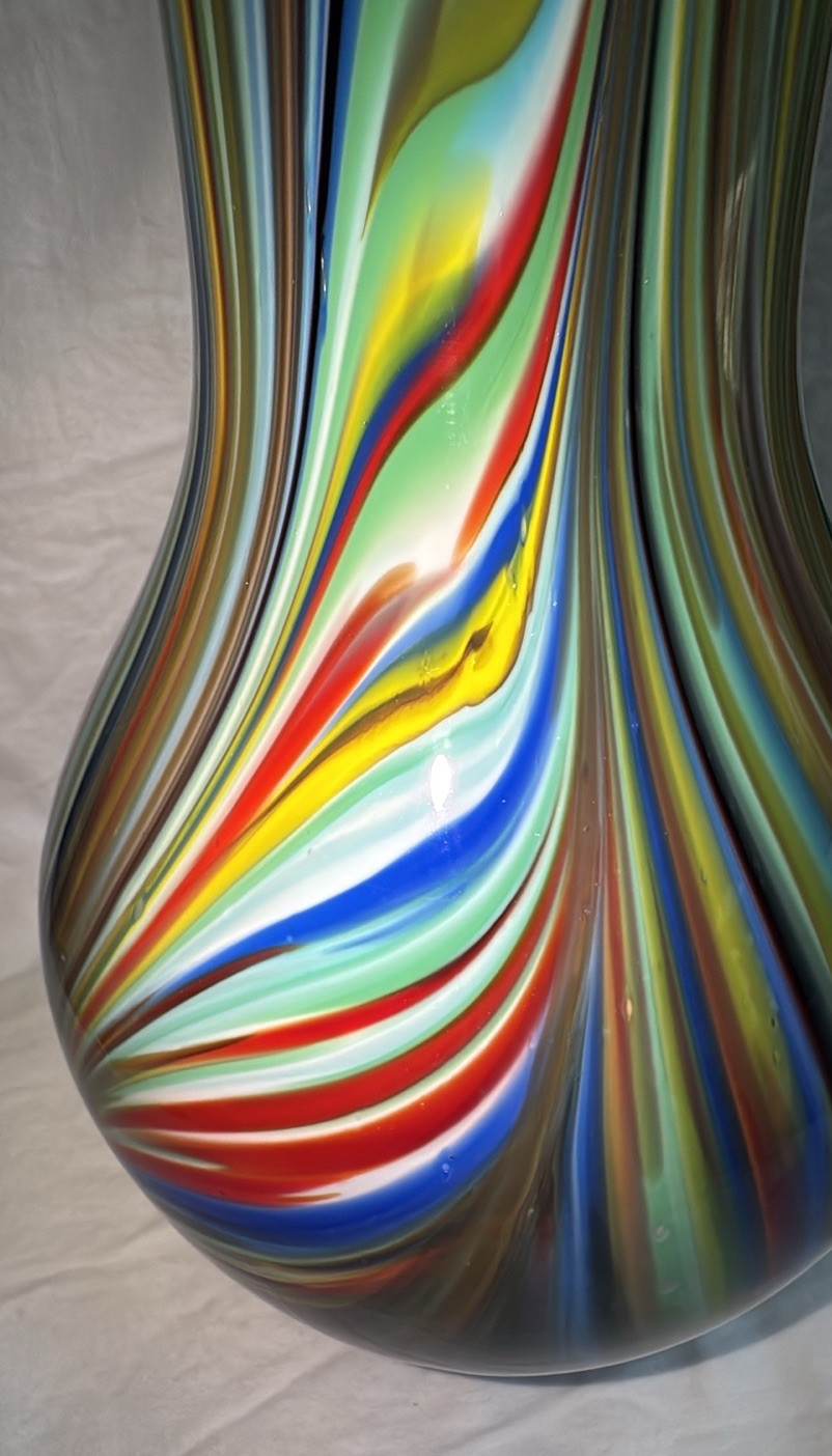 Multi-Colored Swirl Glass Vase Colorful Striped Filegrana Technique 13.5” Tall