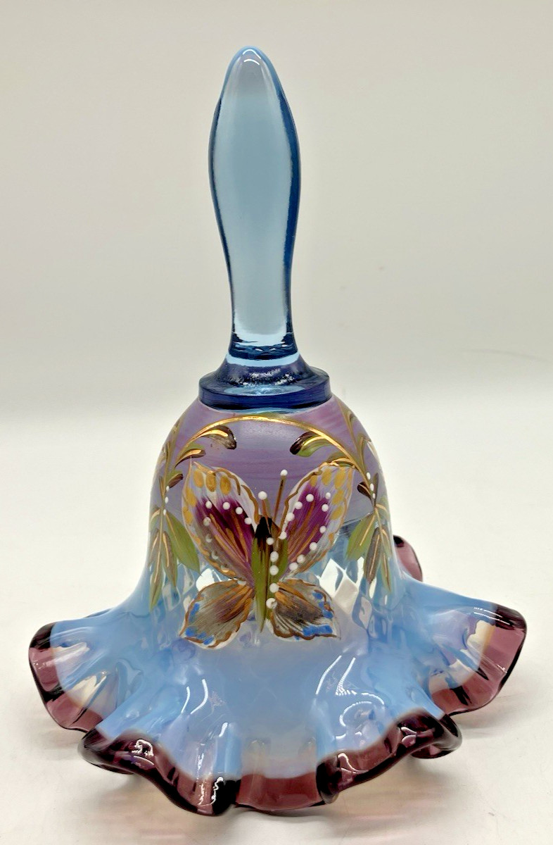 Vtg Fenton Bell Opalescent Butterflies 1997 Hand Painted Purple Blue MINT