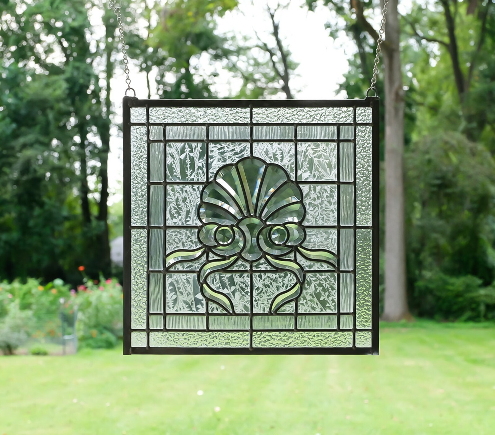 Handcrafted stained glass Clear Beveled window panel,16″ x 16″