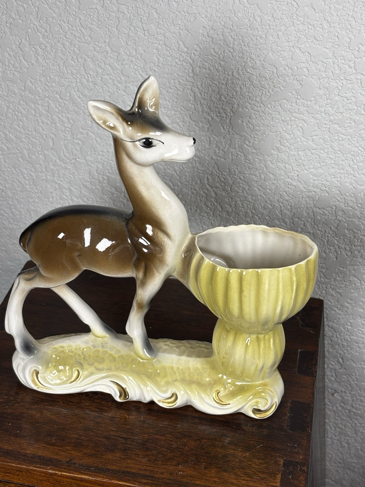 MCM Ceramic Deer Planter Brown Yellow White Glossy Pottery Animal Pattern