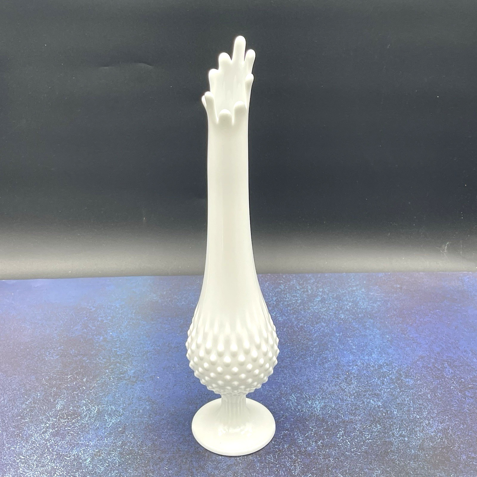 Fenton 15.75” Vintage White Milk Glass Vase Hobnail Swung MCM Signed