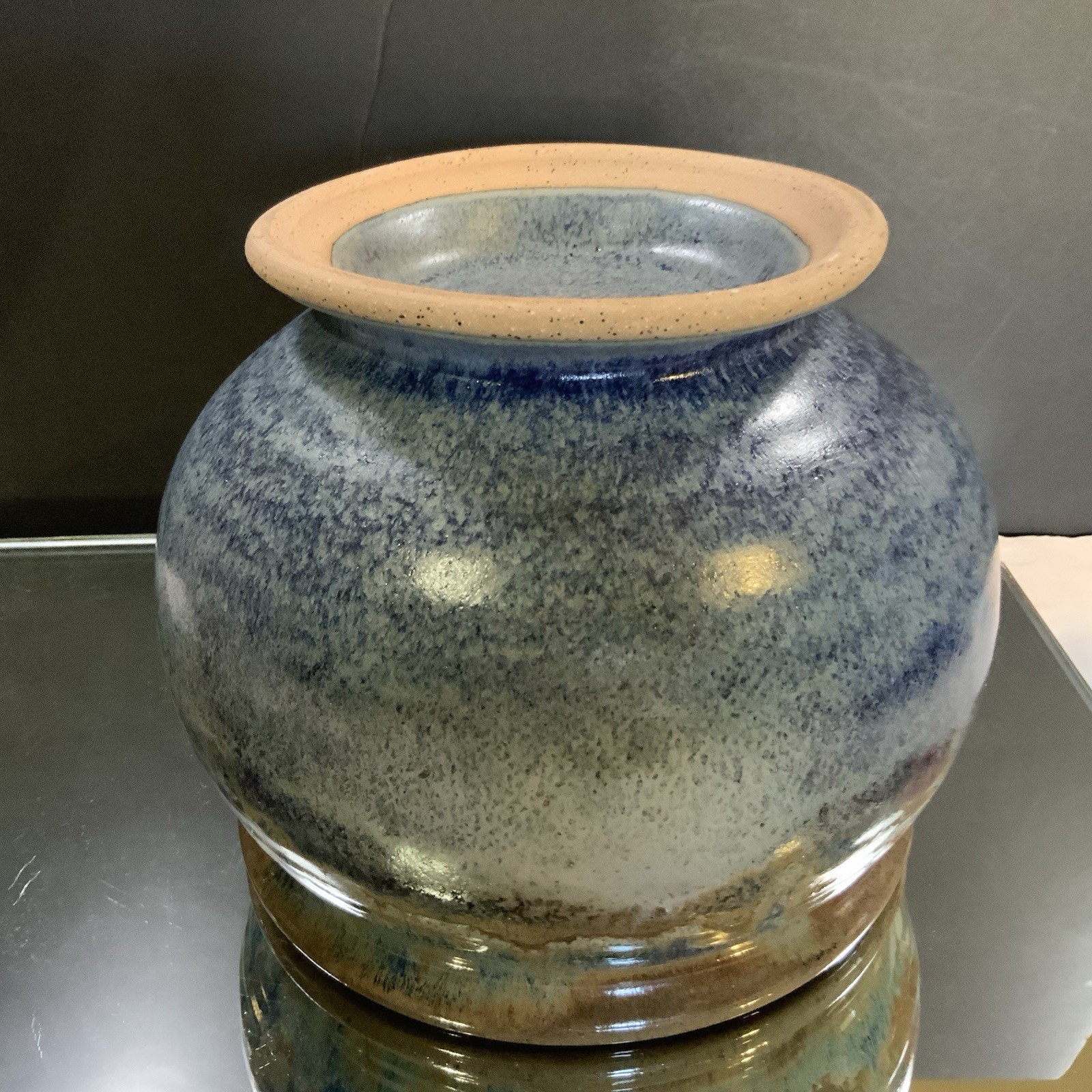 Stoneware Covered Pot Drip Glaze Handmade Signed 9 1/2 Tall Blue Brown #69